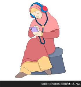 beautiful girl is listening to the recitation of the Islamic holy book with headphones. vector design illustration art