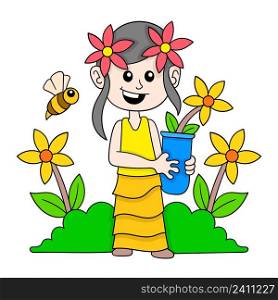 beautiful girl is nurturing sunflowers blooming beautiful in spring