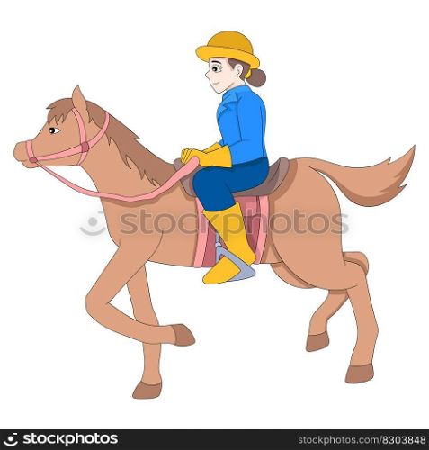 beautiful girl is riding a horse in the farm. vector design illustration art