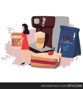 Beautiful girl is with a glass of coffee. Vector illustration for a postcard or a poster. Hand drawing. Coffee to go. Fashion Style.. Beautiful girl is with a glass of coffee. Vector illustration for a postcard or a poster. Hand drawing. Coffee to go. Fashion Style