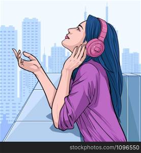 Beautiful girl looking forward Women listen to music from headphones Illustration vector On pop art comic style Colorful city background