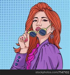 Beautiful girl makeup hairdressing and fashion sunglasses Summer Illustration vector On pop art comics style Abstract dot colorful background