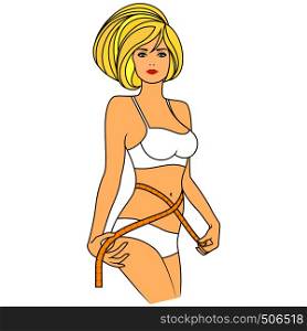 Beautiful girl measuring the size of her waist with tape measure, colored vector illustration isolated on the white background