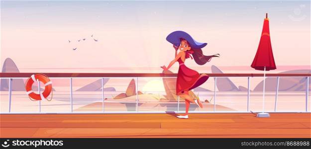 Beautiful girl on cruise ship deck or embankment with rail, umbrella and lifebuoy. Vector cartoon landscape of sea with rocks, rising sun and woman in hat on wooden boat deck or quay with railing. Beautiful girl on cruise ship deck or quay at dawn