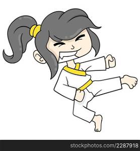 beautiful girl practicing martial arts kicking