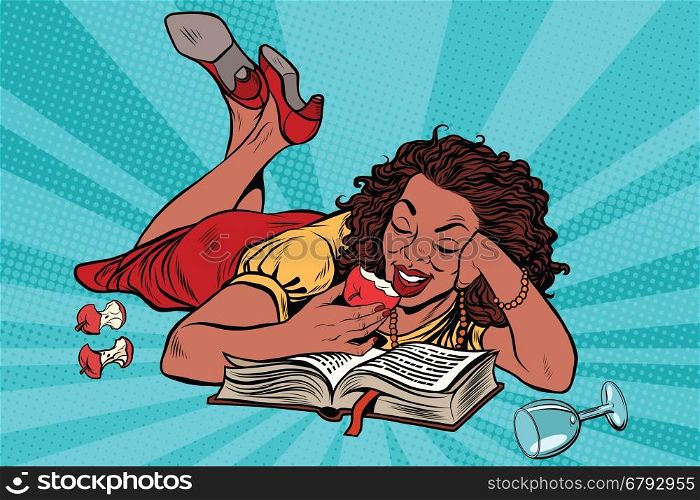 Beautiful girl reading a book, evening at home, pop art retro illustration. African American people. Woman eating an Apple and drinking wine