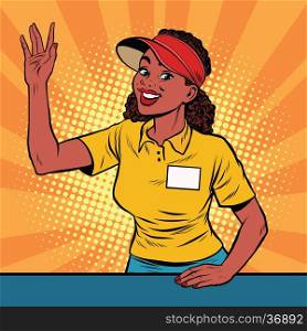 Beautiful girl restaurant worker takes the order, pop art retro vector illustration. A restaurant employee fast food. The seller is in uniform