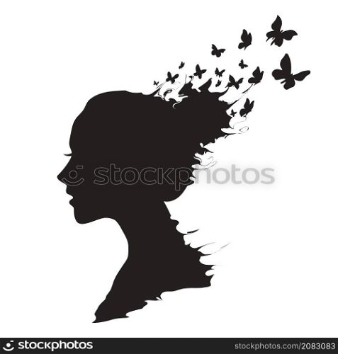 Beautiful girl&rsquo;s profile silhouette with butterflies flying from her hair