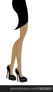 Beautiful girl's legs with high heeled black shoes and black skirt. on white background. Vector fashion illustration.