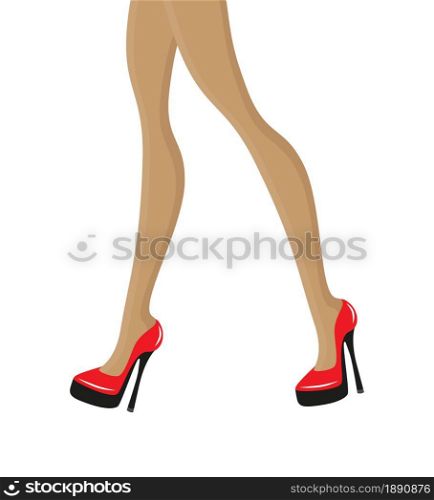 Beautiful girl's long slim sexy legs with high heeled red shoes walking. Vector fashion illustration.