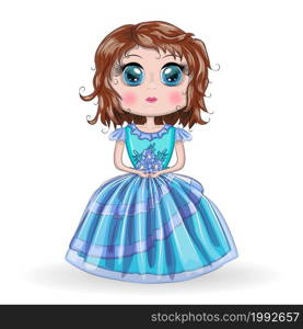 Beautiful girl standing in beautiful long blue dress. Cute Cartoon Little Princess in a blue dress. Beautiful princess standing in beautiful long pink dress.