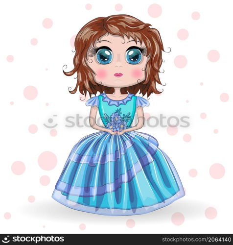 Beautiful girl standing in beautiful long blue dress. Cute Cartoon Little Princess in a blue dress. Beautiful princess standing in beautiful long pink dress.