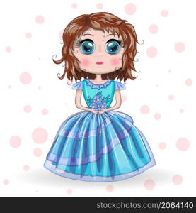 Beautiful girl standing in beautiful long blue dress. Cute Cartoon Little Princess in a blue dress. Beautiful princess standing in beautiful long pink dress.