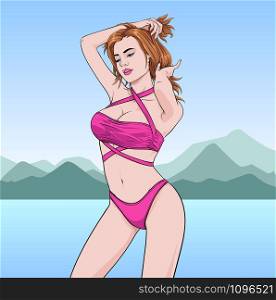 Beautiful girl Swimming suit Beach fashion A woman wearing a bikini Illustration vector On pop art comics style The beach colorful background