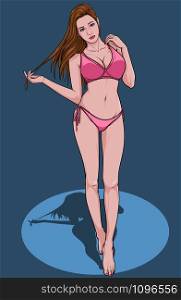 Beautiful girl Swimming suit beach fashion bikini summer Illustration vector On pop art comics style Abstract colorful background