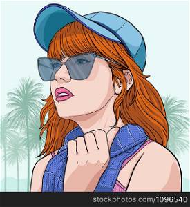 Beautiful girl teenagers wear sunglasses and hats for seaside fashion Illustration vector On pop art comic style Colorful beach background