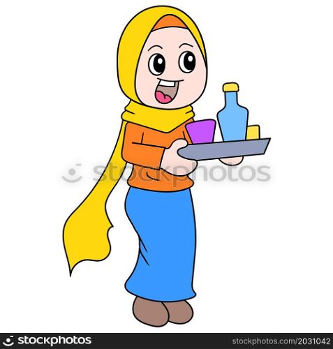 beautiful girl wearing a muslim hijab brings food to break the fast