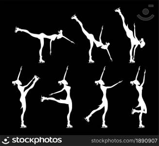 Beautiful girl white silhouette on black background with ice figure skate shoes isolated icon set collection. Alpha channel. Vector illustration.