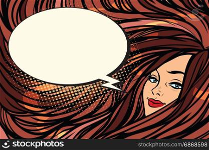 Beautiful girl with long hair, cartoon bubble. Pop art retro vector illustration. Beautiful girl with long hair, cartoon bubble