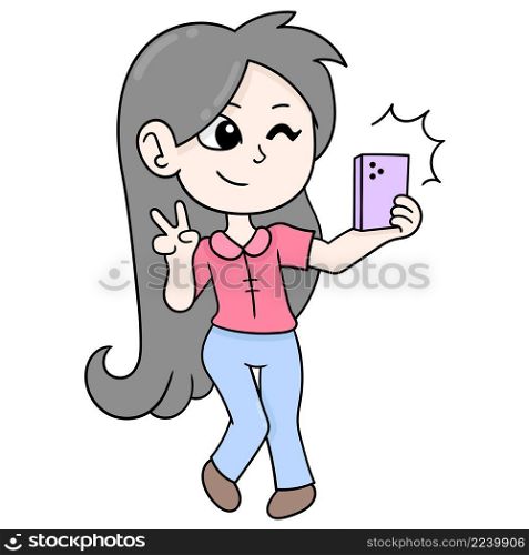 beautiful girl with long hair is taking selfie with smartphone