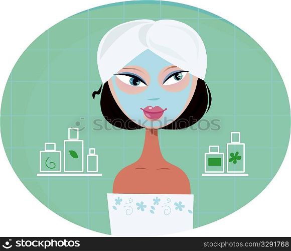 Beautiful girl woman with facial mask in bathroom