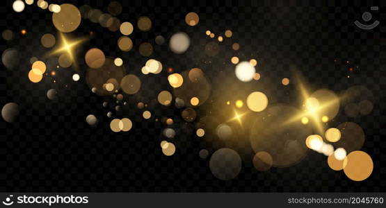 Beautiful gold glitter stars on abstract black background are used for celebrations.