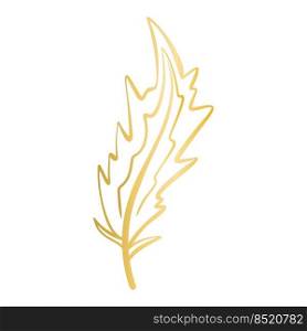 Beautiful golden decorative bird feather isolated vector illustration. Gold boho element. Graceful decoration for design. Beautiful golden decorative bird feather isolated vector illustration