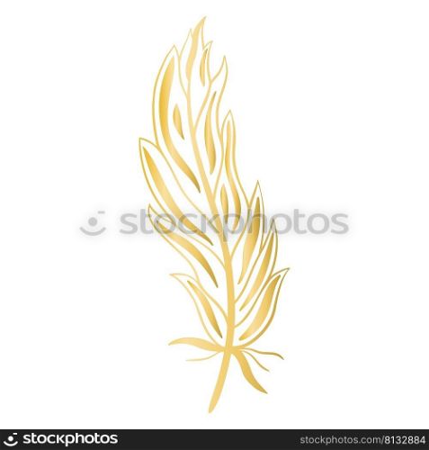 Beautiful golden painted bird feather isolated vector illustration. Gold boho element. Graceful decoration for design. Beautiful golden painted bird feather isolated vector illustration