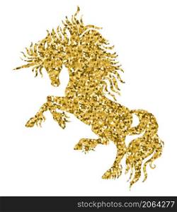 Beautiful golden silhouette of unicorn with long mane. Vector illustration template isolated on white background. For print, stickers, design, dishes and kids apparel,cards, application and tattoo.. Golden silhouette of unicorn vector isolated illustration