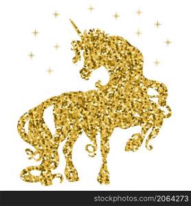 Beautiful golden silhouette of unicorn with stars. Vector illustration template isolated on white background. For print, stickers, design, dishes and kids apparel, application and tattoo.. Beautiful golden silhouette of unicorn vector illustration