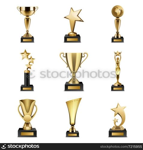 Beautiful golden trophy cups and awards of different shape realistic set isolated on white background vector illustration. Trophy Awards Realistic Set