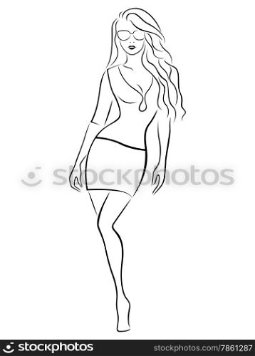 Beautiful graceful girl in a short skirt and glasses, black over white hand drawing vector artwork