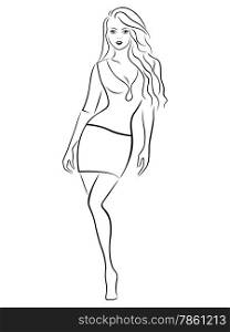 Beautiful graceful girl in a short skirt, black over white hand drawing vector artwork