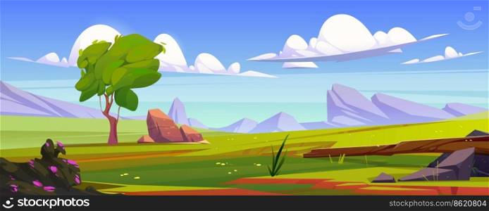 Beautiful green meadow in mountain valley. Cartoon vector illustration of panoramic natural landscape, summer field with lush grass, stones, tree and rocks on horizon under calm blue sky with clouds. Beautiful green meadow in mountain valley, cartoon