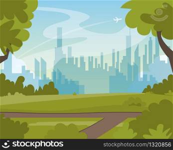 Beautiful Green Summer City Park Landscape View. Public Garden or Yard with Lawn and Tree. Business Center Silhouette with Skyscraper and Large Building. Flat Cartoon Vector Illustration. Beautiful Green Summer City Park Landscape View