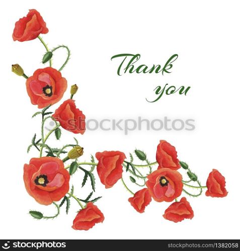Beautiful greeting card Thank you with red watercolor poppies and the inscription in the frame.Vector illustration with flowers.. Greeting card with Poppies2