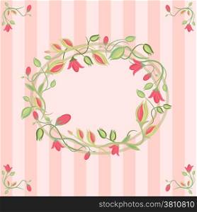 Beautiful greeting card with floral wreath. Striped background. Bright illustration, can be used as creating card, invitation card for wedding,birthday and other holiday and cute summer background.