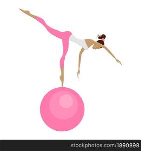Beautiful gymnastic girl jumping and dancing with ball. Isolated icon. Vector illustration.