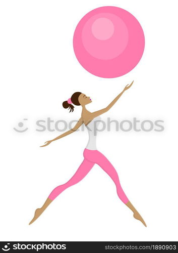 Beautiful gymnastic girl jumping and dancing with ball. Isolated icon. Vector illustration.