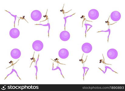 Beautiful gymnastic girls jumping and dancing with ball. Isolated icon set collection. Vector illustration.