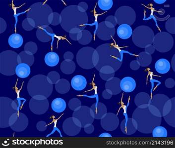 Beautiful gymnastic girls jumping and dancing with ball. Seamless pattern. Vector illustration.