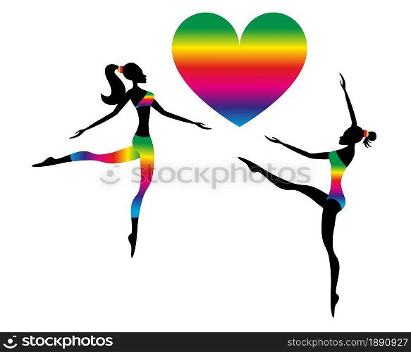 Beautiful gymnastic girls jumping and dancing with rainbow heart. LGBT concept, pride, diversity, homosexuality. Lesbian couple. Vector illustration.
