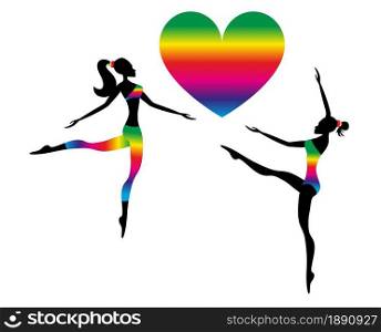 Beautiful gymnastic girls jumping and dancing with rainbow heart. LGBT concept, pride, diversity, homosexuality. Lesbian couple. Vector illustration.