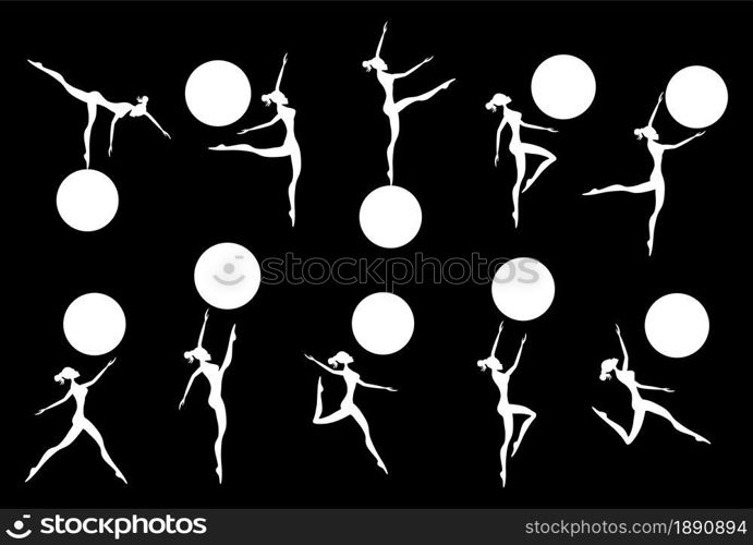 Beautiful gymnastic girls white silhouette jumping and dancing with ball on black background. Isolated icon set collection. Alpha channel. Vector illustration.