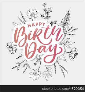 Beautiful happy birthday greeting card with flowers and bird. Vector party invitation with floral. Beautiful happy birthday greeting card with flowers and bird. Vector party invitation with floral elements.
