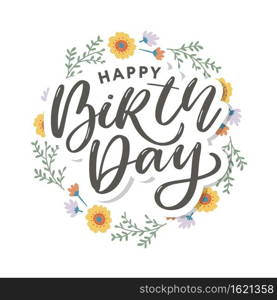 Beautiful happy birthday greeting card with flowers and bird. Vector party invitation with floral. Beautiful happy birthday greeting card with flowers and bird. Vector party invitation with floral elements.