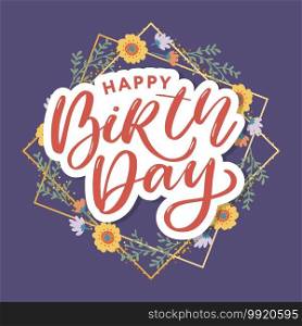 Beautiful happy birthday greeting card with flowers and bird. Vector party invitation with floral. Beautiful happy birthday greeting card with flowers and bird. Vector party invitation with floral elements.