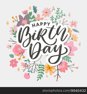 Beautiful happy birthday greeting card with flowers and bird. Vector party invitation with floral. Beautiful happy birthday greeting card with flowers and bird. Vector party invitation with floral elements.