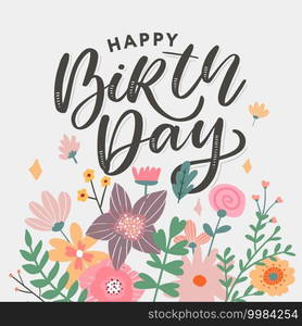 Beautiful happy birthday greeting card with flowers and bird. Vector party invitation with floral. Beautiful happy birthday greeting card with flowers and bird. Vector party invitation with floral elements.