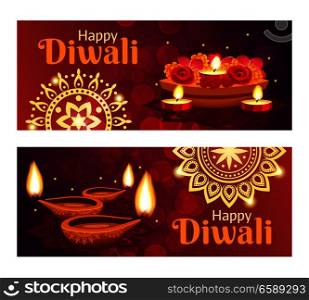 Beautiful happy diwali horizontal banners set with accessories for holiday realistic isolated vector illustration. Diwali Banners Set